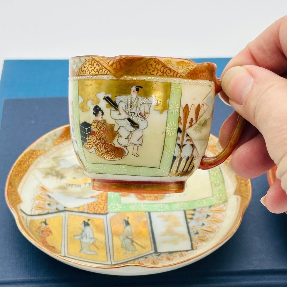 Japanese Antique Satsuma and Kutani Hand Painted Porcelain Tea Cup Saucer Sets